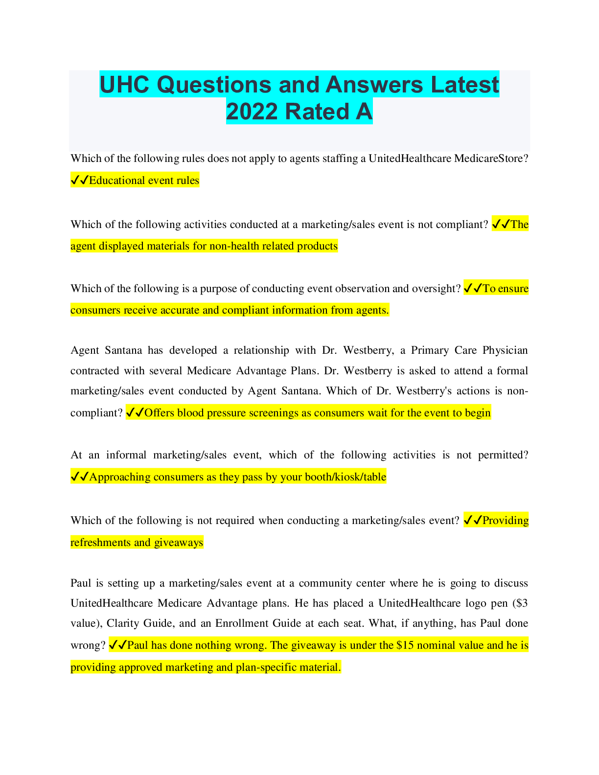 Preview image for UHC Questions and Answers Latest 2022 Rated A